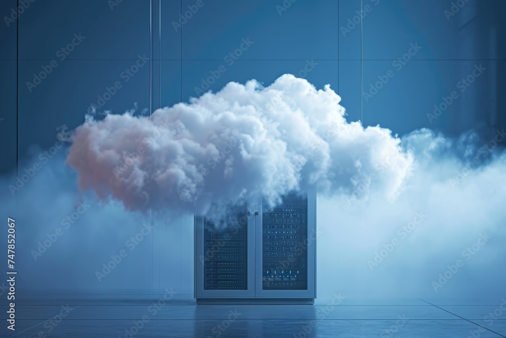 Poster a cloud of smoke billows out of a server, indicating a potential hardware failure or overheating iss