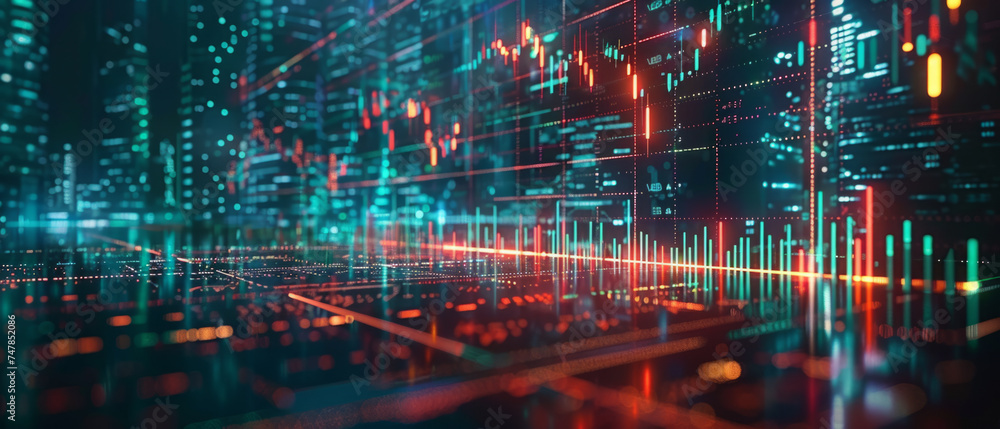 Aufkleber abstract financial chart with upward trend line graph in a stock market on a dark background with gr