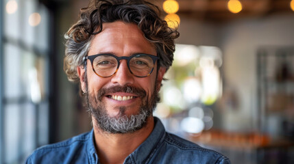A close-up portrait of a cheerful man with glasses, curly hair, and a light stubble in a casual setting - obrazy, fototapety, plakaty