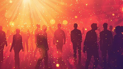 The starburst background illuminates the silhouette of a crowd of party people.