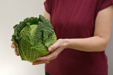 Woman holding fresh organic savoy cabbage