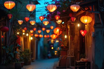 A vibrant group of lanterns hang from the side of a building, casting a warm glow against the dark night sky, Street decorated with heart-shaped lights and lanterns, AI Generated