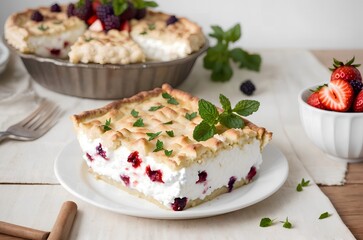 cooked cottage cheese casserole with berry filling in a plate