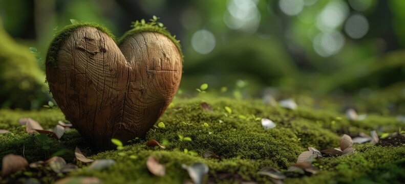 A close-up of a khaki wooden heart nestled in a serene forest, surrounded by a softly blurred natural backdrop