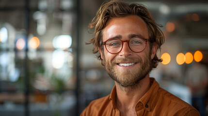 An appealing portrait of a smiling man with glasses and a brown shirt in a comfortable and modern indoor environment - obrazy, fototapety, plakaty