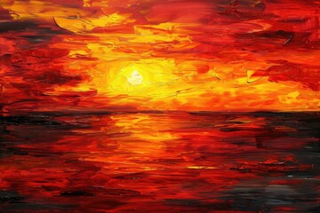 A Painting of a Colorful Sunset Over a Glistening Lake, Strokes of fiery orange and crimson depicting a fierce sunset, AI Generated