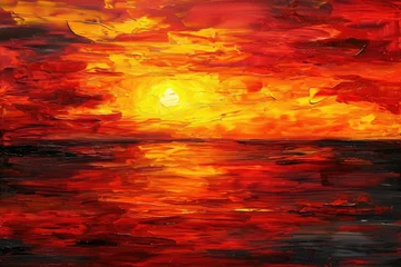 Gordijnen A Painting of a Colorful Sunset Over a Glistening Lake, Strokes of fiery orange and crimson depicting a fierce sunset, AI Generated © Iftikhar alam