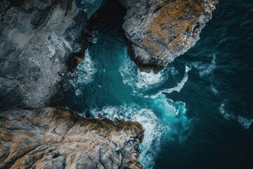 Aerial View of Turquoise Ocean Waters and Sandy Beaches, Stunning bird's eye view of a serene sea greeting the rocky coast, AI Generated