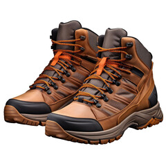 New sports hiking boot with flying laces stands on the tip isolated on transparent background