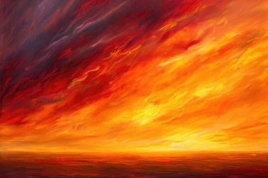A painting depicting a vivid orange and red sky at dusk, with brushstrokes capturing the stunning colors and atmosphere, Strokes of fiery orange and crimson depicting a fierce sunset, AI Generated