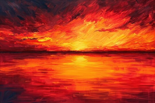 A detailed painting capturing the vibrant colors of a sunset reflecting on the still surface of a lake, Strokes of fiery orange and crimson depicting a fierce sunset, AI Generated