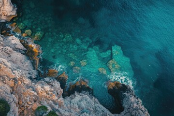 This photo captures an expansive aerial view of the ocean and rugged rocks along the coastline, Stunning bird's eye view of a serene sea greeting the rocky coast, AI Generated