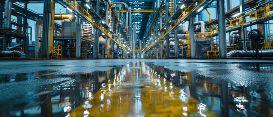 Low angle view of a large, modern industrial facility at night with steel structures, equipment, and reflective flooring showcasing the complexity and cleanliness of advanced manufacturing.