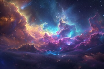 Obraz na płótnie Canvas A stunning sky filled with swirling clouds of vibrant colors and twinkling stars, Stunning distant galaxy cloud featuring a palette of vibrant colors, AI Generated