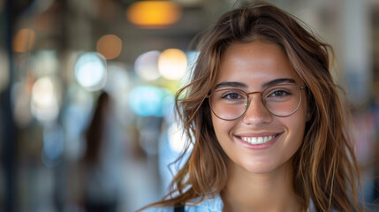 A close-up portrait of an attractive young woman with clear round glasses, smiling in an indoor setting