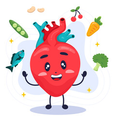 Cute Character Human Heart and Healthy Food Vector Illustration