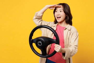 Young woman of Asian ethnicity wear pink t-shirt beige shirt pastel casual clothes hold steering...