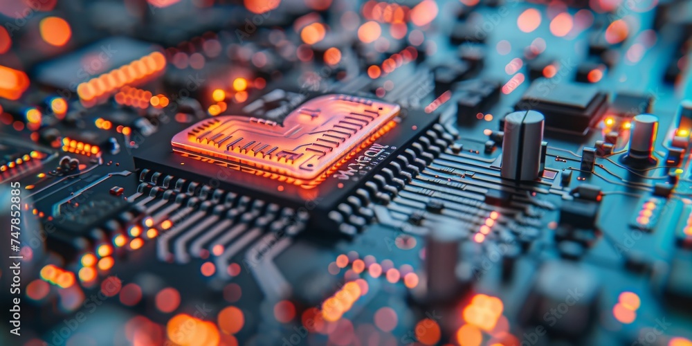 Poster a heart integrated into a circuit board, symbolizing the convergence of technology and human emotion