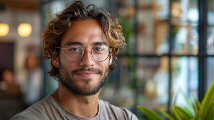 A peaceful portrait of a man with glasses set against a backdrop of plants in a cozy indoor environment - obrazy, fototapety, plakaty