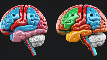 human brain model anatomy. illustration of the human brain. a human brain anatomy color on a black background. anatomy of brain - obrazy, fototapety, plakaty