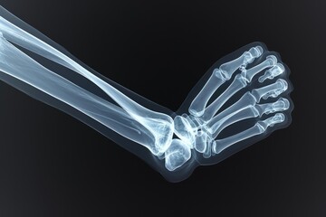 This x-ray image captures the intricate structure and details of a human skeletons hand, Stylized 3D X-ray interpretation of the human elbow, AI Generated