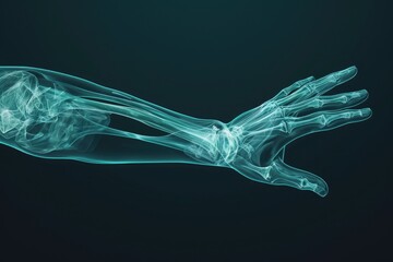 Naklejka premium An x-ray image showing the skeletal structure of a hand with fingers extended, reaching towards an unidentified object, Stylized 3D X-ray interpretation of the human elbow, AI Generated