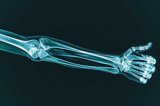 This x-ray image provides a detailed view of the bones and joints in a human hand, Stylized 3D X-ray interpretation of the human elbow, AI Generated