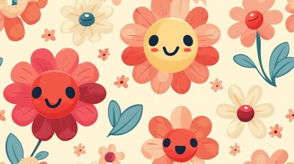 Cute funny kawaii flowers, seamless pattern, on cream pastel background