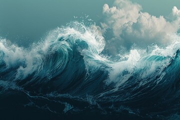 This photo captures the beauty and strength of a large ocean wave in a stunning painting, Stylized minimalist representation of waves, AI Generated