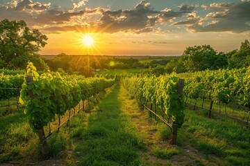 The sun casts a warm glow as it sets over rows of lush grapevines in a picturesque Napa Valley vineyard, Sun setting over a peaceful lush vineyard, AI Generated - obrazy, fototapety, plakaty