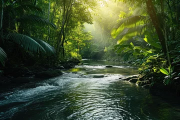 Foto auf Acrylglas A powerful river gracefully flows through a thriving forest filled with lush, vibrant greenery, Sun-kissed river flowing through a rainforest filled with myriad shades of green, AI Generated © Iftikhar alam