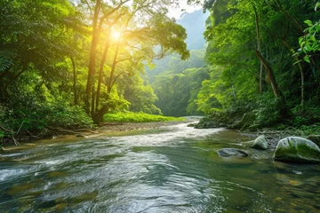 Fotobehang A river cuts through a dense green forest, showcasing the captivating beauty of nature, Sun-kissed river flowing through a rainforest filled with myriad shades of green, AI Generated © Iftikhar alam