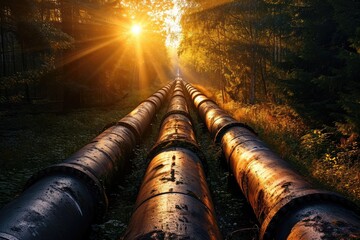 A massive pipe disrupts the natural landscape of a dense forest, standing prominently amidst the trees, Sunlight peeping through massive industrial pipelines in a forest, AI Generated - obrazy, fototapety, plakaty