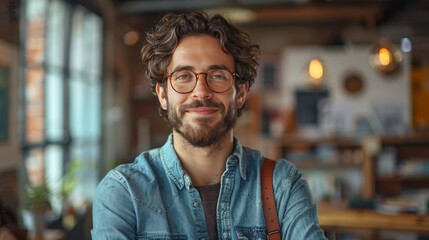 A stylish man with glasses and a backpack, smiling in a relaxed cafe setting - obrazy, fototapety, plakaty