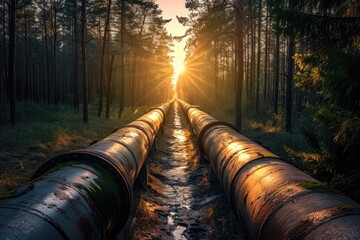 A pipeline runs through the dense foliage of a forest, disrupting the natural landscape, Sunlight peeping through massive industrial pipelines in a forest, AI Generated - obrazy, fototapety, plakaty