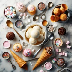 Take a sweet journey with a top view of ice cream ingredients elegantly arranged on a marble background, showcasing the artistry of ice cream in a bowl, cones, spoon, marshmallows, and cupcake papers