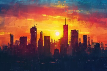 A vibrant painting showcasing a stunning sunset casting a warm palette of colors over the urban skyline of a city, Sunset drawing out silhouettes of city skyscrapers, AI Generated