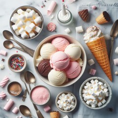 Obraz na płótnie Canvas Indulge in the delightful sight from above, featuring a variety of ice cream ingredients on a marble background – ice cream in a bowl, cones, spoon, marshmallows, and cupcake papers.