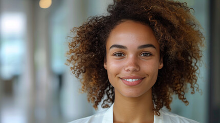 A smiling young woman with a curly hairstyle looking at the camera confidently in a bright interior