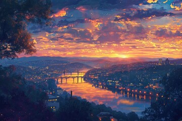 Vibrant Painting of a Colorful Sunset Over a City Skyline, Sunset over a city with a resplendent waterfront view, AI Generated - obrazy, fototapety, plakaty