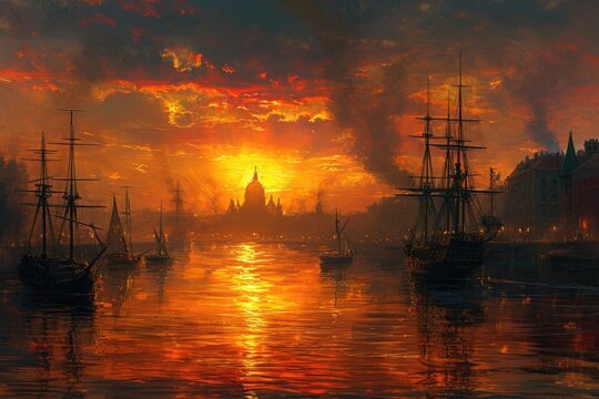 A vibrant painting capturing a stunning sunset over the ocean, featuring multiple ships sailing gracefully through the calm waters, Sunset over a city with a resplendent waterfront view, AI Generated