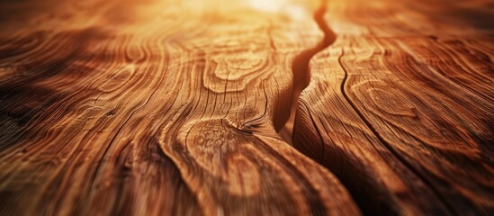 A detailed view of a wooden surface with sunlight streaming onto it, highlighting the natural texture and grains of the wood.