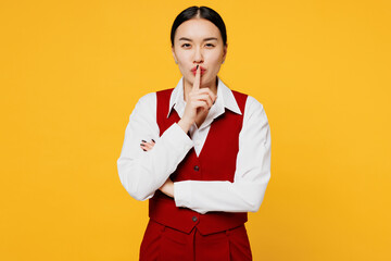 Young secret corporate lawyer employee business woman of Asian ethnicity wear formal red vest shirt...