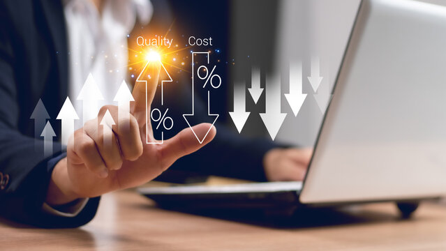 Cost and quality control, business strategy and project management concept. Businessman working on digital tablet with quality control growth graph and cost reduction, effective business