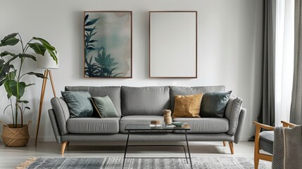living room mockup, blank wall behind couch, mockup, simple