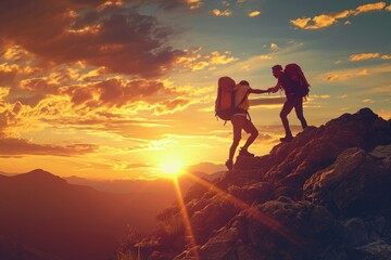 Obraz premium A couple stands on top of a mountain, taking in the scenic beauty around them, Supportive friend aiding a struggling hiker on their way to the mountaintop, AI Generated