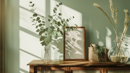 Low-Angle, mockup, empty A6 photo frame, boho style, green, eucalypt in a vase, wooden furniture