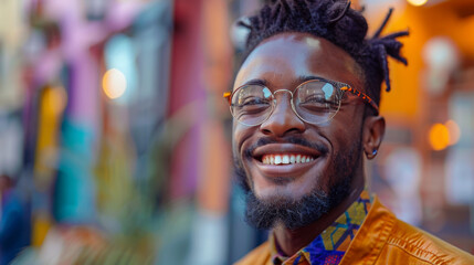 Portrait of a smiling man with unique eyewear, vivid urban setting with bokeh lights - obrazy, fototapety, plakaty