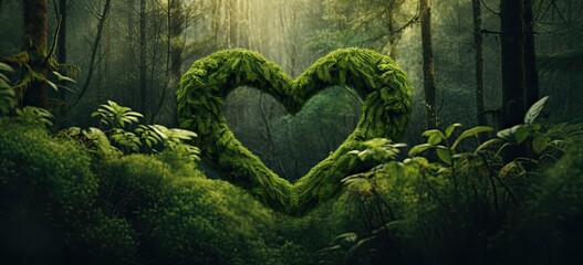 Captured in the quiet of the forest, a khaki wooden heart stands out amidst a softly blurred backdrop of nature's beaut - obrazy, fototapety, plakaty