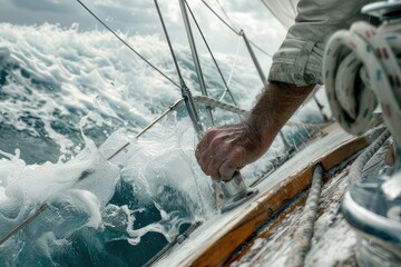 Detail of a sailor's hand working on a sailboat.